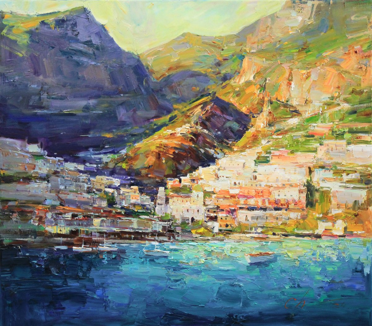 Impressionistic Landscape Oil Painting By Serhii Cherniakovskyi, 33 X 30", Magnificent Amalfi Coast, Original Artwork