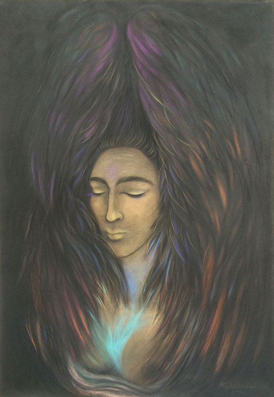 Dark Angel Enclosed III; large pastel with gold powder