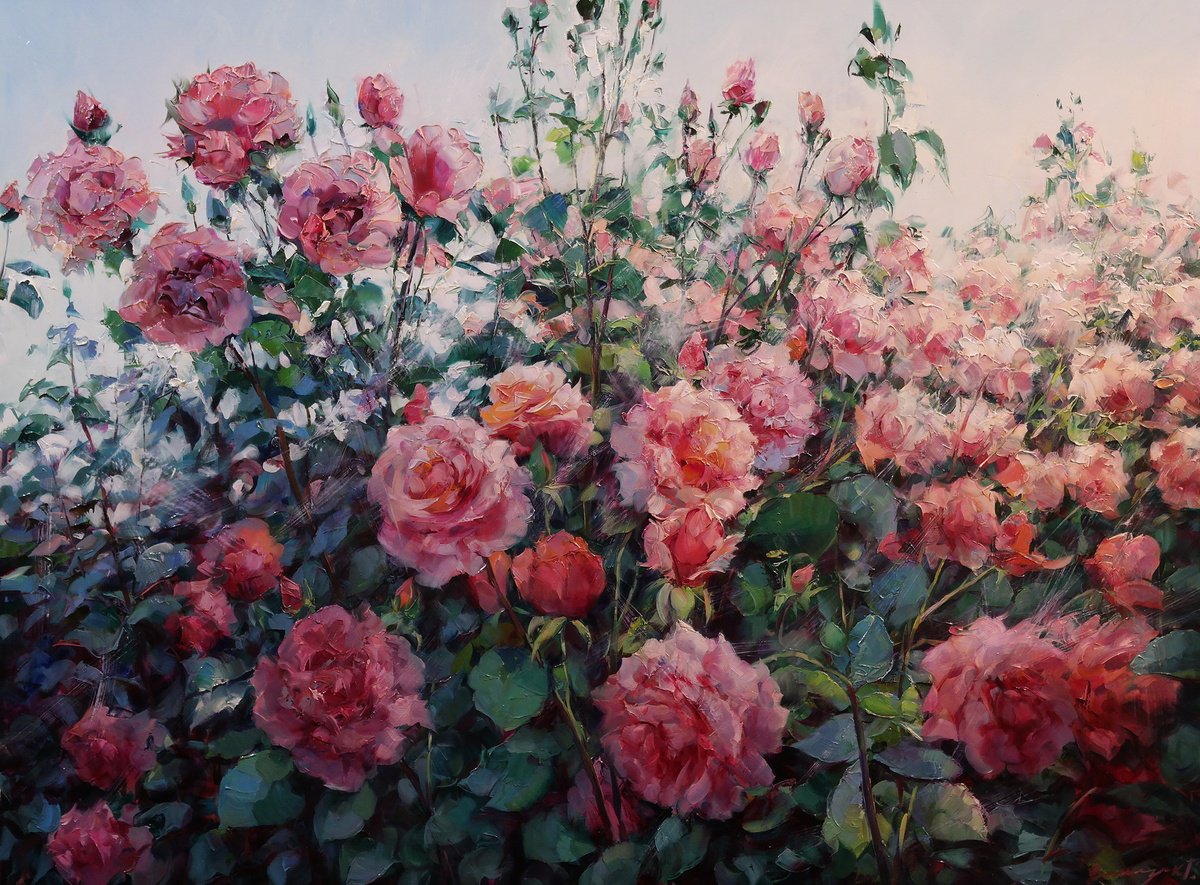 Impressionistic Botanical Oil Painting By Gennady Vylusk, 31 X 24, Rose Paradise, Original Artwork