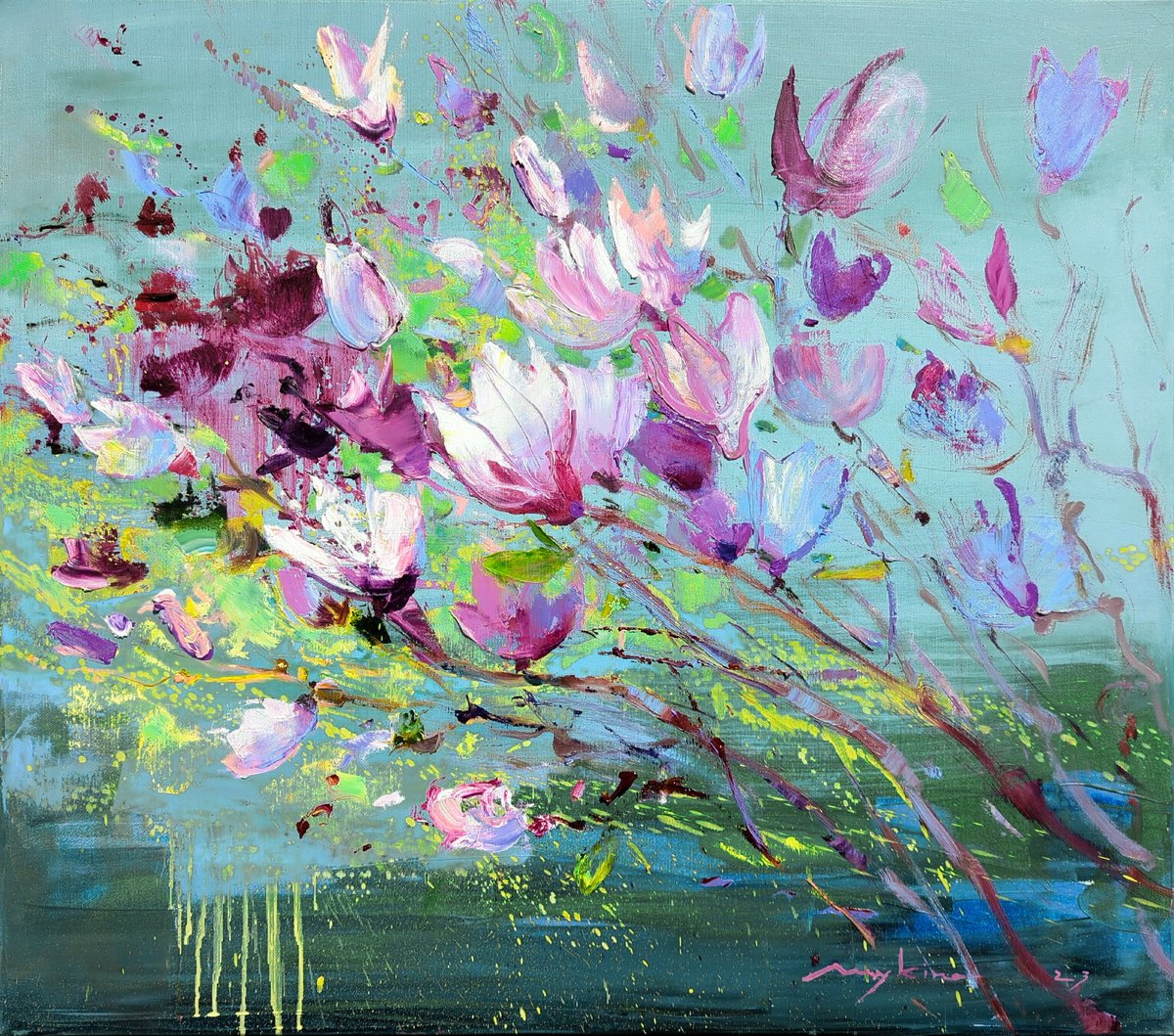 Expressive Botanical Oil Painting By Helen Shukina, 31 X 28, Magnolia On Green Blue, Original Artwork