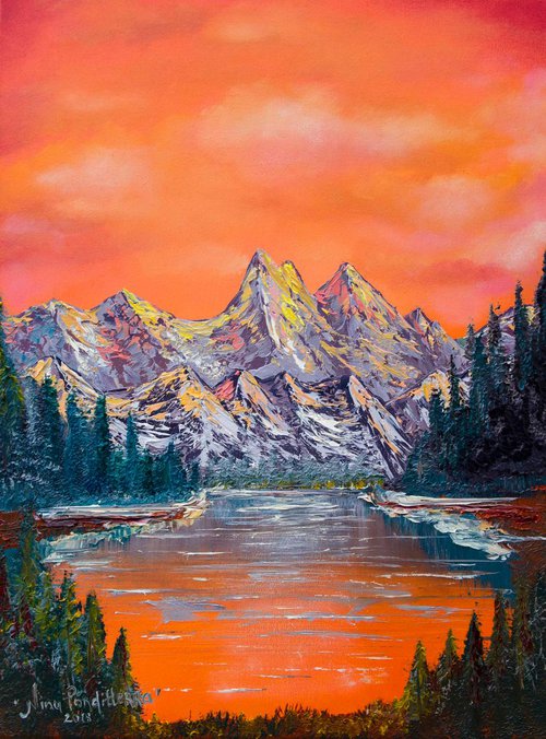 Mountains landscape at sunset - original oil painting by Nino Ponditerra