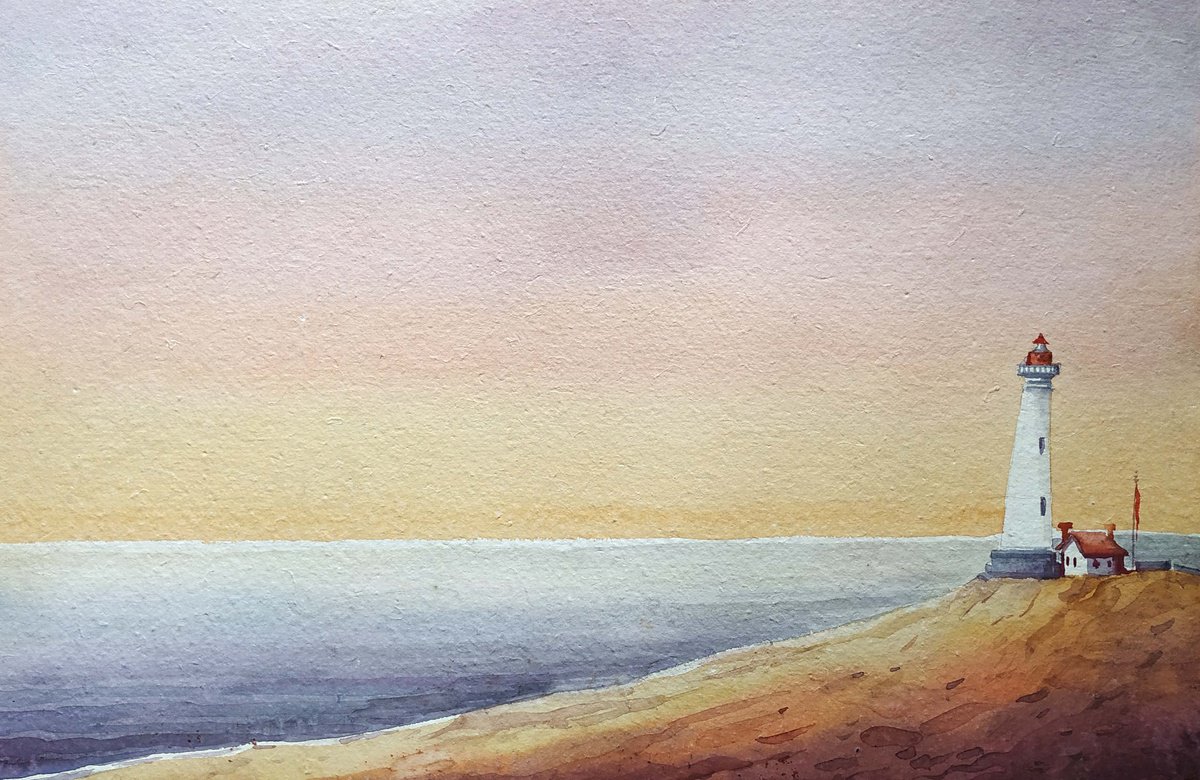 Impressionistic Landscape Watercolour By Samiran Sarkar, 22 X 15", Early Morning Lighthouse, Original Artwork