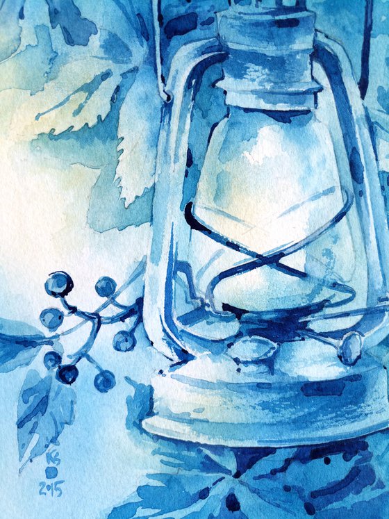 Modern romantic watercolor "The light of the evening lantern in the garden"