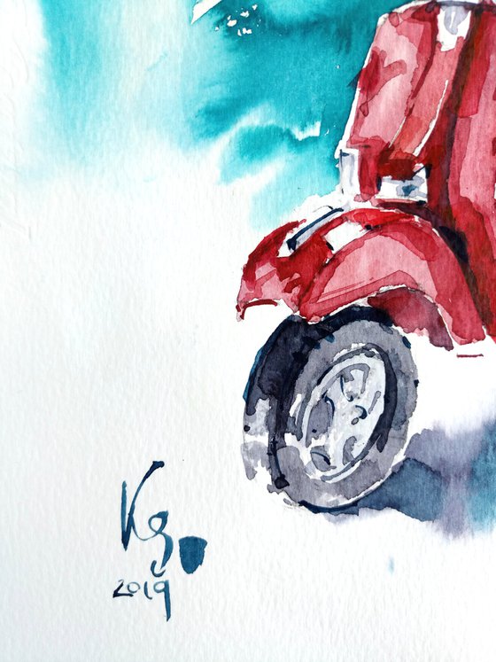Watercolor sketch "Bright red retro moped on a turquoise background" original illustration