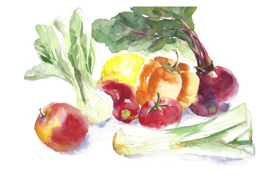Vegetables fruit watercolor, lemon, beetroot, tomato, leek