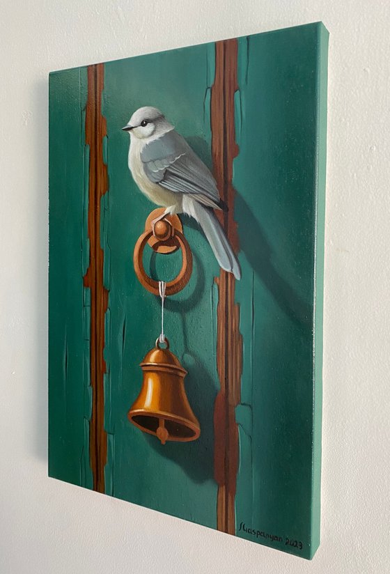Still life with bird and bell -1 (24x35cm, oil painting, ready to hang)