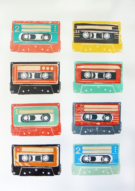 Linocut tapes #20 (cassette tapes, retro music, 70's, 80's rock culture)