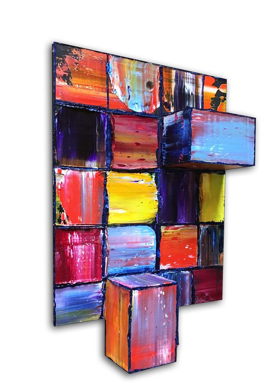 "Hanging Out" - FREE USA SHIPPING - Original PMS Assemblage Sculptural Painting On Wood - 8 x 11.5 inches