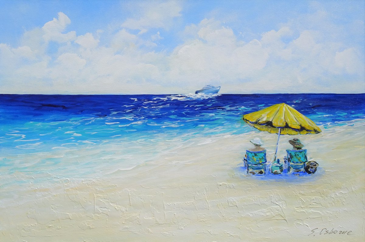 BEACH UMBRELLA. Tropical beach, yacht, boat, modern seascape acrylic painting on canvas by Sveta Osborne