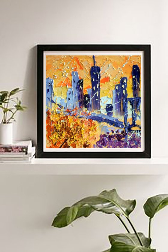 NYC Fall Painting Cityscape Original Art New York Small Oil Artwork Autumn Impasto Pallete Knife Wall Art 8 by 8" by Halyna Kirichenko