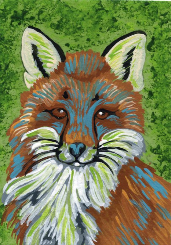 ACEO ATC Original Miniature Painting Colorful Red Fox Wildlife Art-Carla Smale