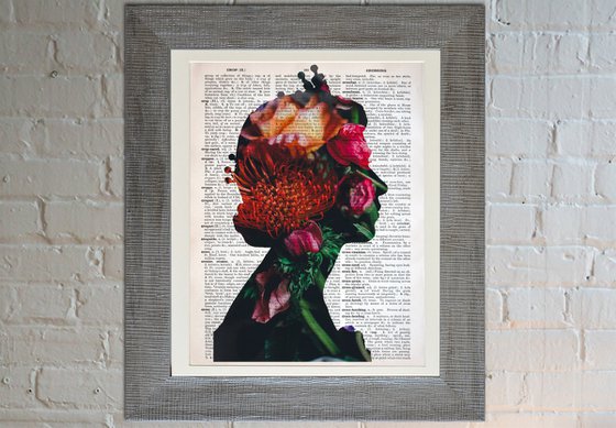 Queen Elizabeth II - Flowers 4 - Collage Art on Large Real English Dictionary Vintage Book Page