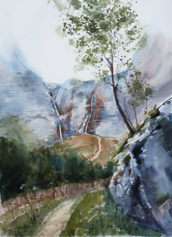 Watercolor painting Landscape In the mountains Waterfall