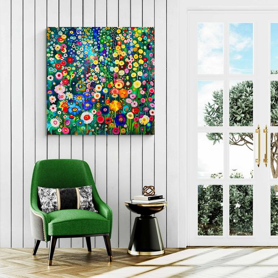 Klimt's garden. Colorful abstract floral painting with vivid flowers