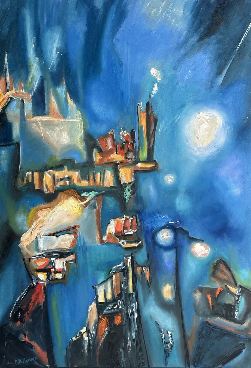 Expressive Abstract Oil Painting By Olga Mcnamara Biennaleartist, 30 X 42", Enigma In Blue, Large Abstract, Original Artwork