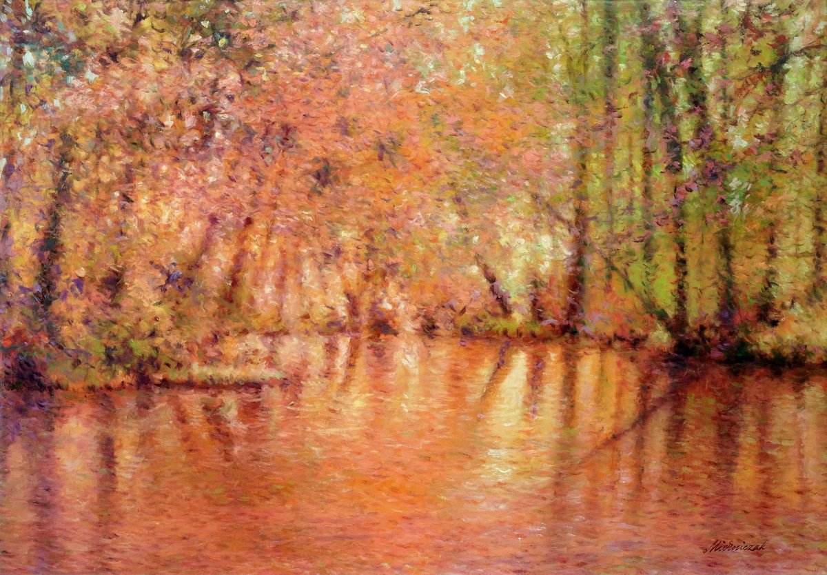 Impressionistic Landscape Oil Painting By Richard Mierniczak, 41 X 29", Red Solitude, Original Artwork