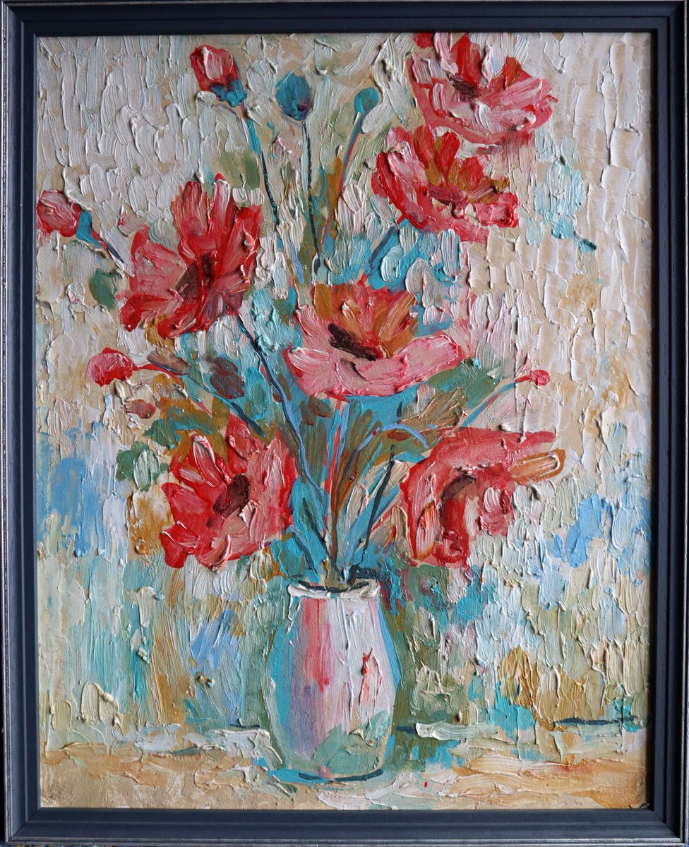 Impressionistic Botanical Acrylic Painting By Rakhmet Redzhepov, 17 X 21", Maki In A Jug, Original Artwork