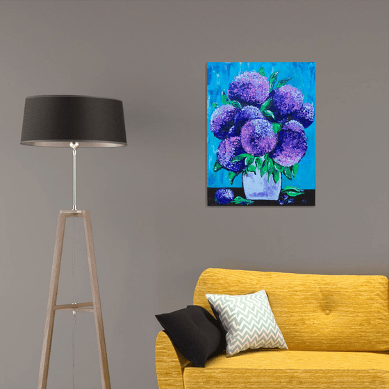 BOUQUET OF Purple hydrangea on turquoise in a white vase palette  knife Original Acrylic painting office home decor gift