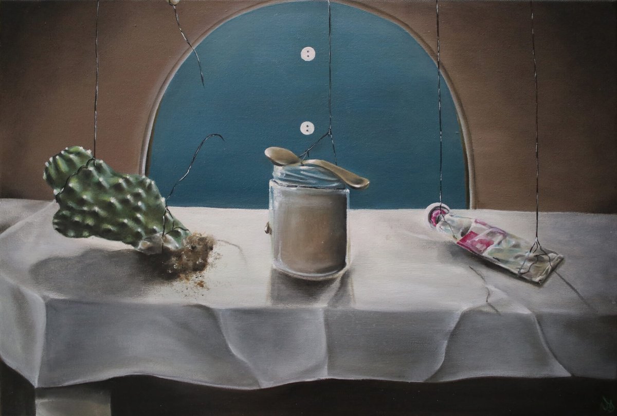 Surrealistic Still Life Oil Painting By Vanessa T Stefanova, 18 X 12", Idiot, Nigger, Genius., Original Artwork