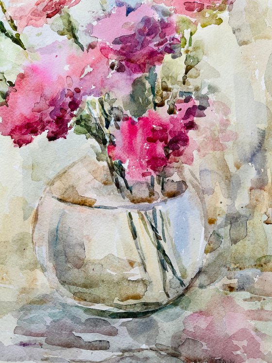 Bouquet of carnations. Original watercolour painting.