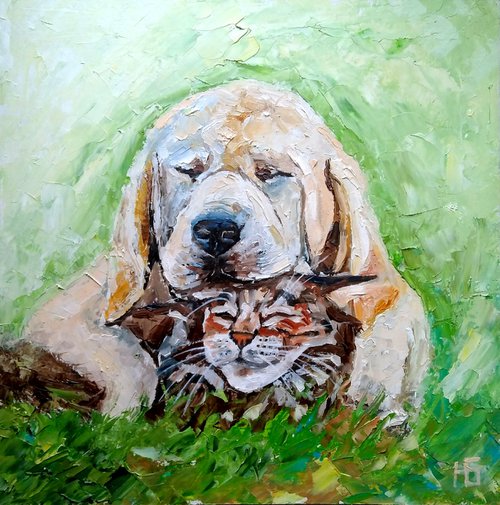 The friends, Dog And Cat Painting Pet Original Art Labrador Portrait Tabby Cat Artwork Funny Animal Wall Art by Yulia Berseneva