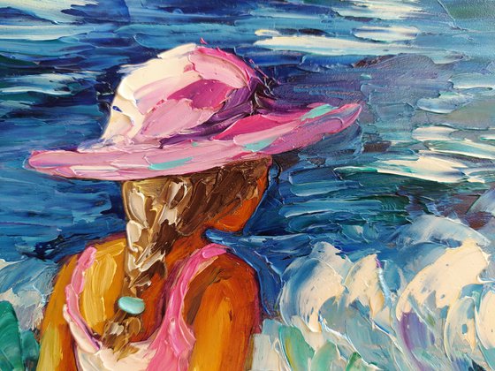 To meet the sun - oil painting, child, sea, sea and beach, childhood, sea and sky, girl, holiday, seascape, children