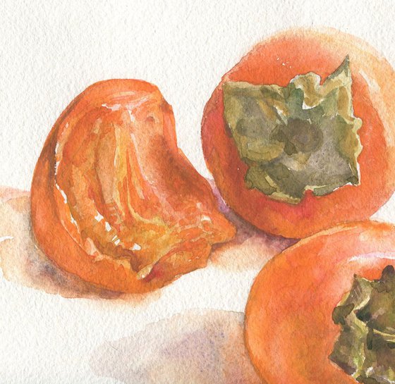 Persimmons. Kitchen still life Orange fruits Bathroom decor Watercolor painting Dining room wall art