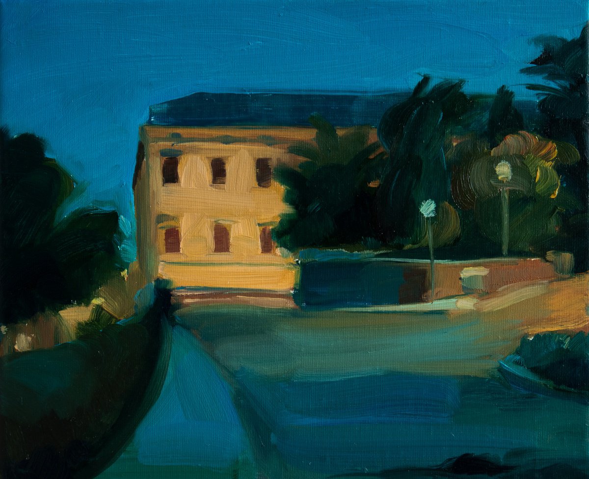 Impressionistic Cityscapes Oil Painting By Ana Kajaia, 12 X 10, Dusk-Malaga, Original Artwork