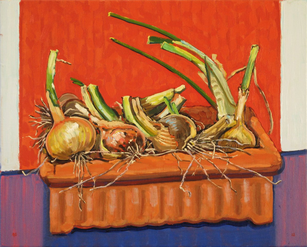 Still Life Oil Painting By Richard Gibson, 20 X 16", Onions In A Terracotta Planter, Original Artwork