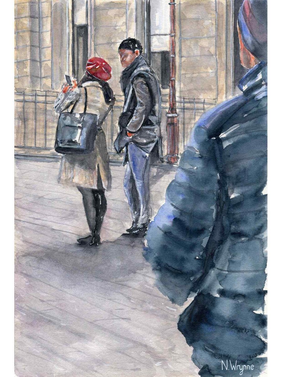 Original Watercolour - Girl in the Red Beret - People Watching Impressionist Art by Neil Wrynne