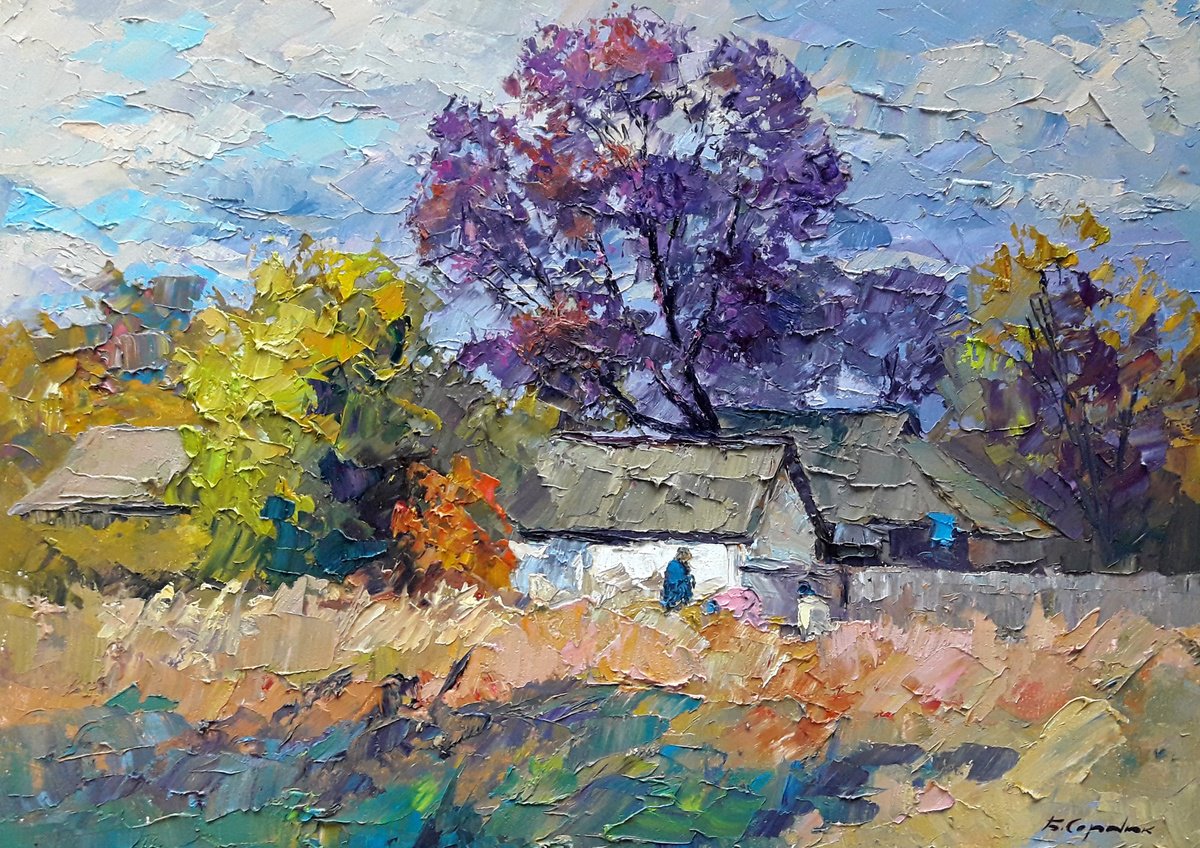Impressionistic Landscape Oil Painting By Boris Serdyuk, 28 X 20, Autumn Chores, Original Artwork