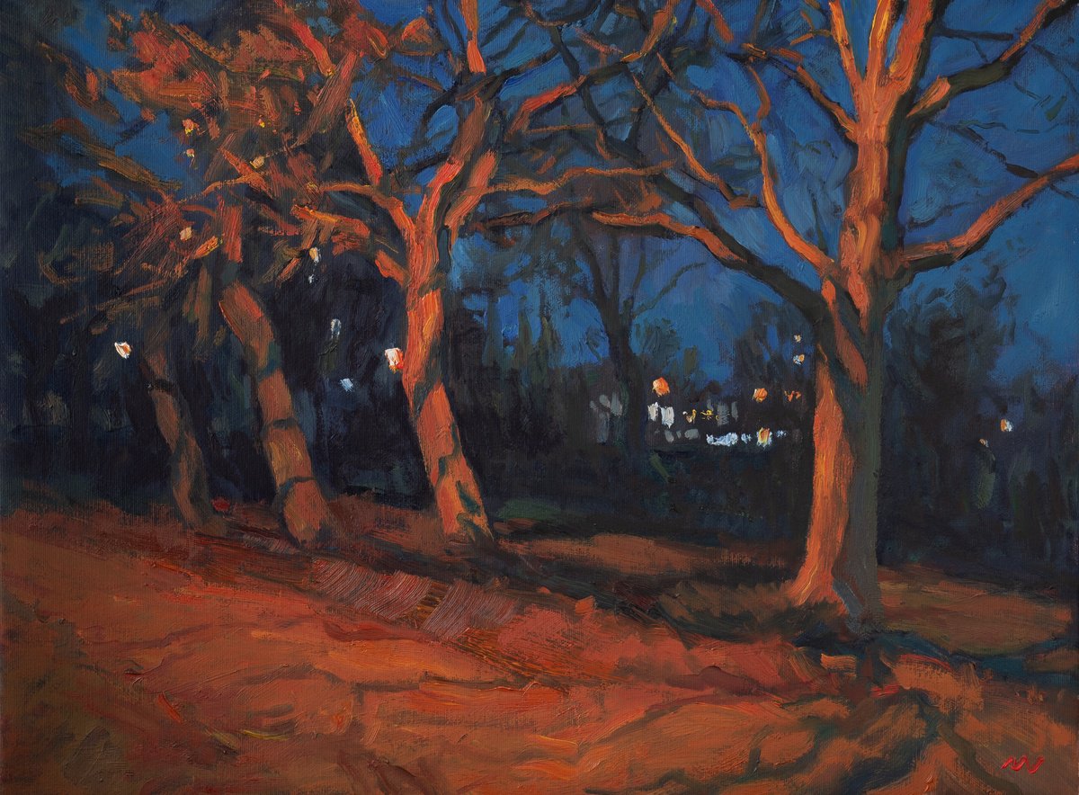 Impressionistic Cityscapes Oil Painting By Vasyl Moldavchuk, 24 X 18", Evening Walk, Original Artwork