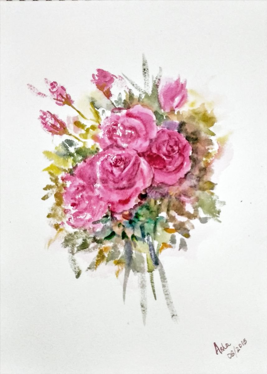Bunch of Pink Roses Flowers Watercolor Floral painting- 10.25x 14 by Asha Shenoy