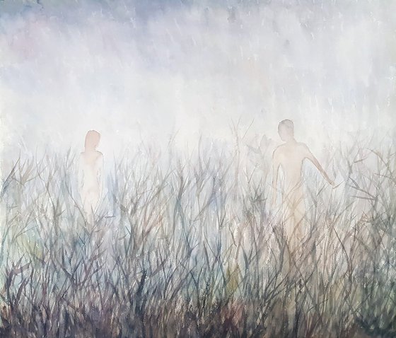 Couple in a foggy field