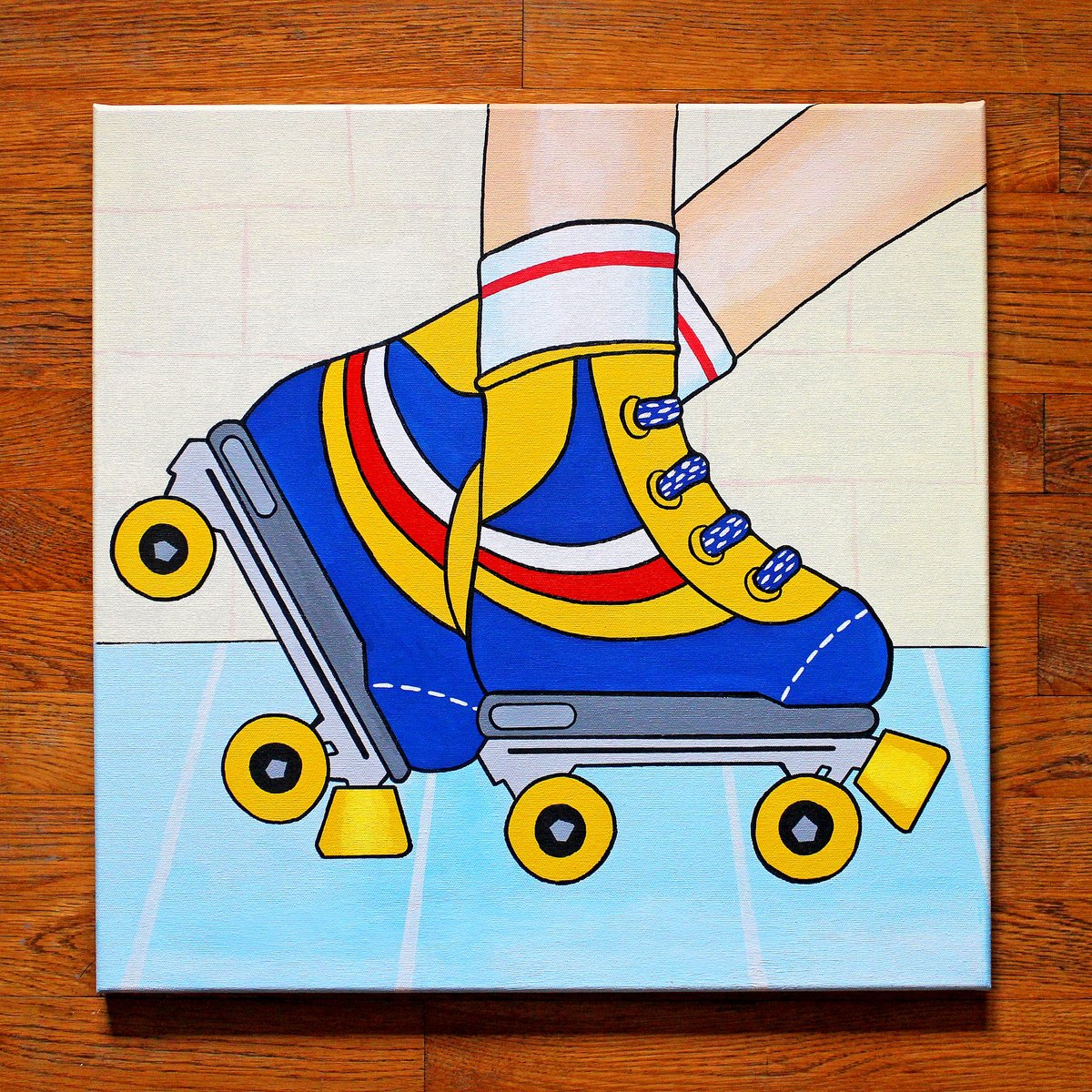 Urban And Pop Still Life Acrylic Painting By Ian Viggars, 20 X 20, Retro Roller Skates, Original Artwork