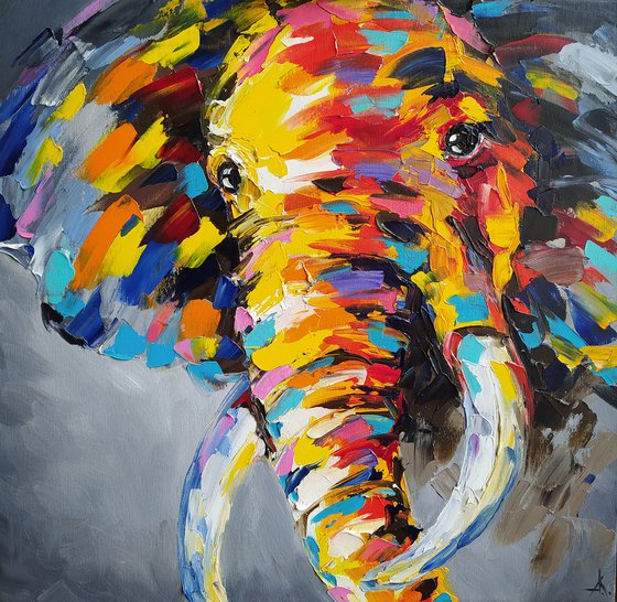 Elephant in Africa - painting on canvas, elephant, animals oil painting, Impressionism, palette knife, gift.