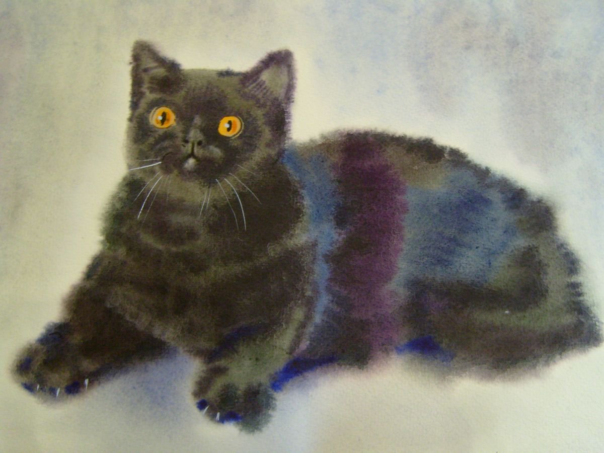 Black Cat, watercolor painting 30x42 cm by Valentina Kachina