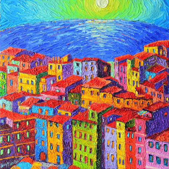 VERNAZZA ROOFS - COLOURFUL HOUSES AT SUNRISE - CINQUE TERRE ITALY - contemporary impressionist palette knife oil painting