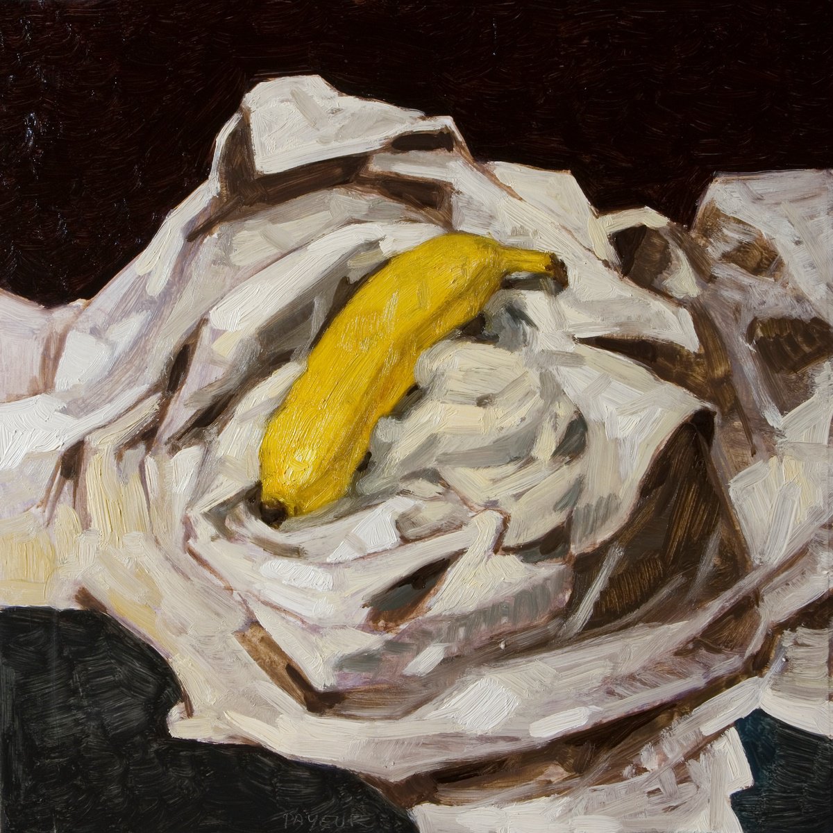 Impressionistic Still Life Oil Painting By Olivier Payeur, 10 X 10", Banana With Drapery On Black, Original Artwork