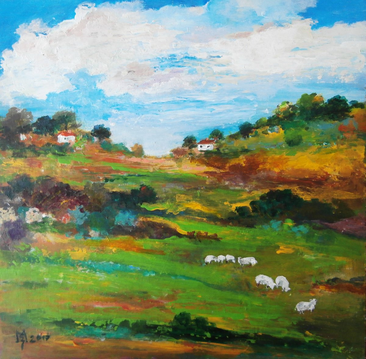 Impressionistic Landscape Acrylic Painting By Zoran Mihajlovic Muza, 10 X 10", Countryside, Original Artwork
