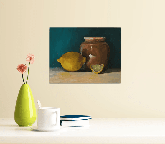 Lemons and Ceramic Pot Still Life