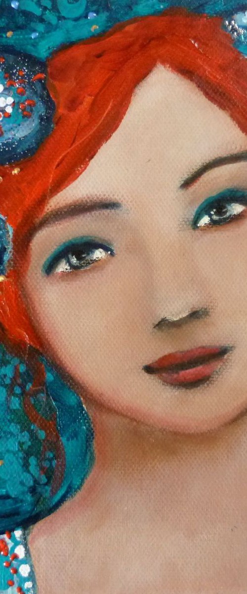 La Bohème bleue  acrylic 20x20 cm portrait by Loetitia Pillault