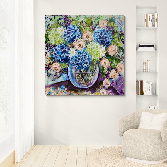 Blue Hydrangea and Roses