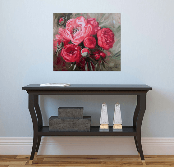 Pink coral peonies bouquet still life