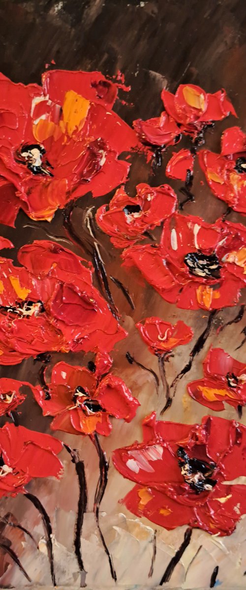 Red poppies brown background by Oksana Fedorova