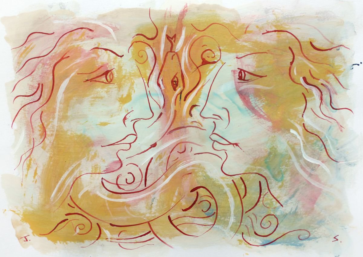 Illustrative Abstract Ink Drawing By John Sharp, 13 X 8, Eden1 - Eve And Adam, Original Artwork