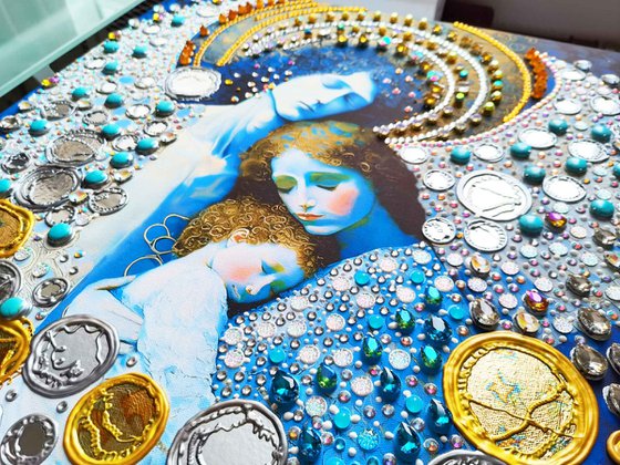 Guardian angel - Love original painting. Blue silver golden decorative artwork with Turquoise, amber, gold leaf