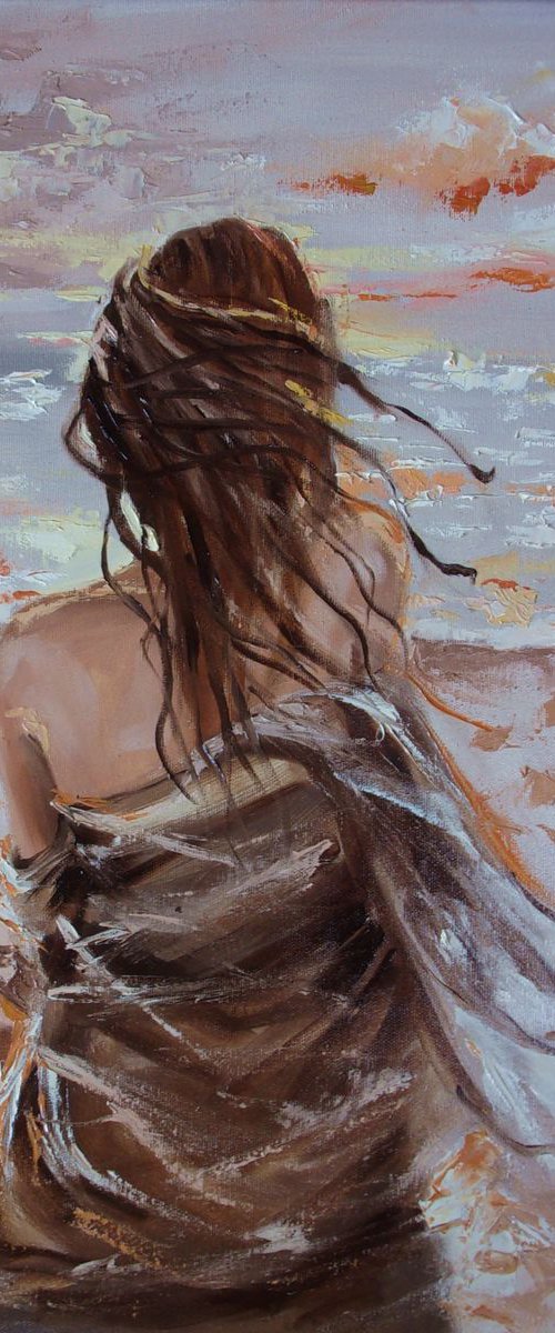 MONIKA LUNIAK " MAGIC PLACES VII ... "- SKY SEA SAND liGHt  ORIGINAL OIL PAINTING, GIFT, PALETTE KNIFE by Monika Luniak