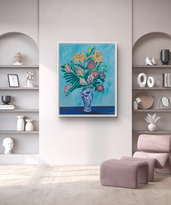 Tropical Bouquet in a Blue and White Vase