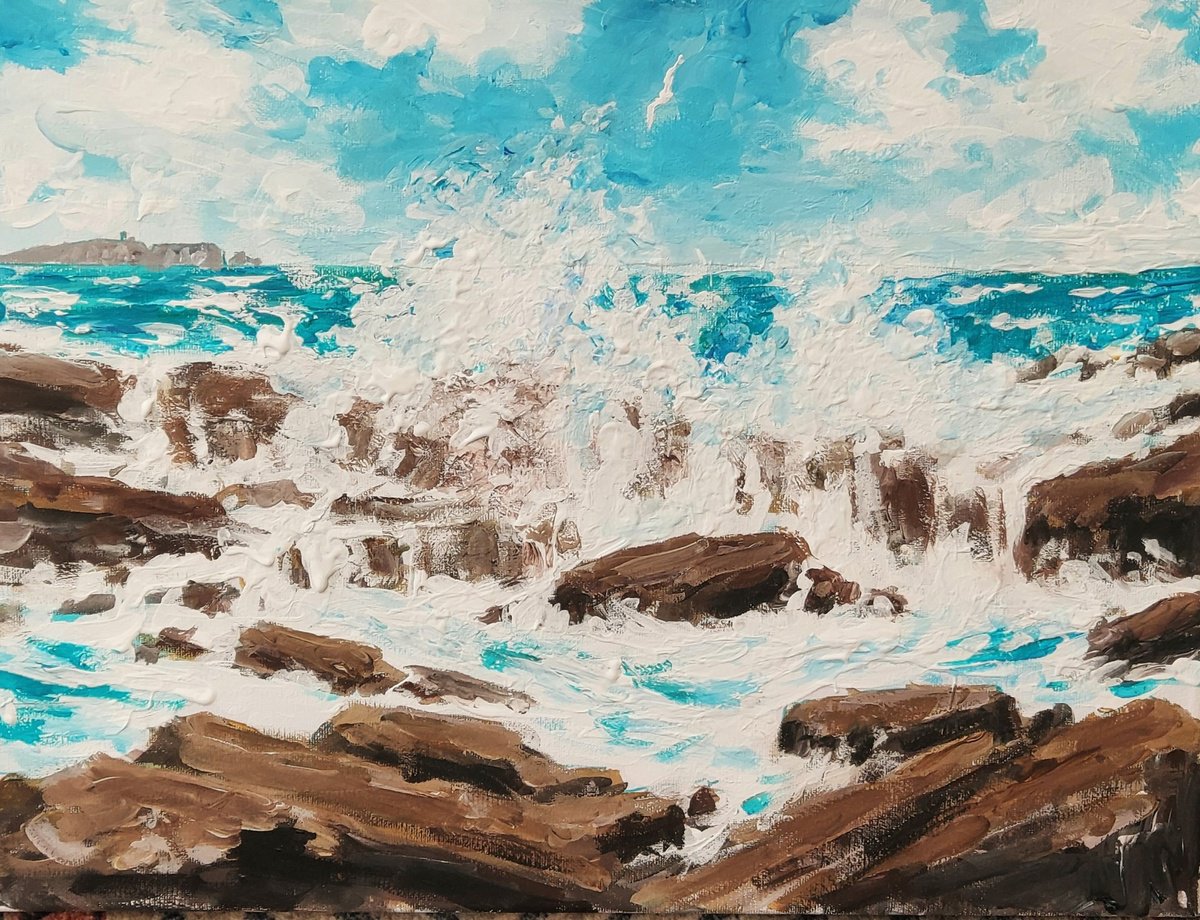 Landscape Acrylic Painting By Colin Ross Jack, 16 X 12, Seascape Xcviii, Original Artwork